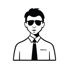 Flat style avatar, young office worker man in tie and sunglasses, black and white