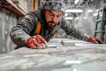 A dedicated craftsman meticulously shapes stone in a contemporary workshop. He is focused on ensuring precision while donning protective gloves and a warm beanie. Tools and materials surround him