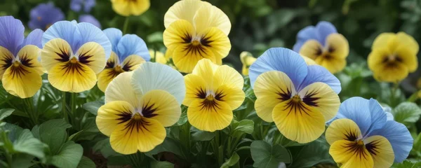 Fototapeten Pastel shades of yellow and blue pansies growing in a garden amidst lush greenery, pansies, blooming plants © Katherina