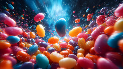 Colorful Jelly Beans Exploding Against Dark Background