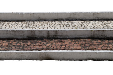 Three steps of stairs with white and red Portuguese stone ornaments isolated on transparent background
