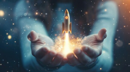 Businessman Launching AI-Powered Startup with Digital Interface, Emphasizing Technological Advancement and Entrepreneurial Success, Global tech startup innovates to connect.Rocket launching above hand