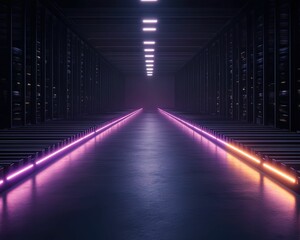 Fototapeta premium A futuristic corridor illuminated by colorful lights, leading into a dark, tech-inspired environment.