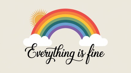 beautiful motivating inscription "everything is fine" on a light beige background with an illustration of a rainbow, clouds, and the sun evoking a feeling of calm and joy