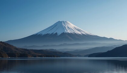 Fototapeta premium Majestic Mount Fuji Snow Capped Peak Over Calm Lake