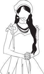 Minimalist line art depicting a performer wearing a detailed costume,microphone headset,and a beret,exuding grace and professionalism.