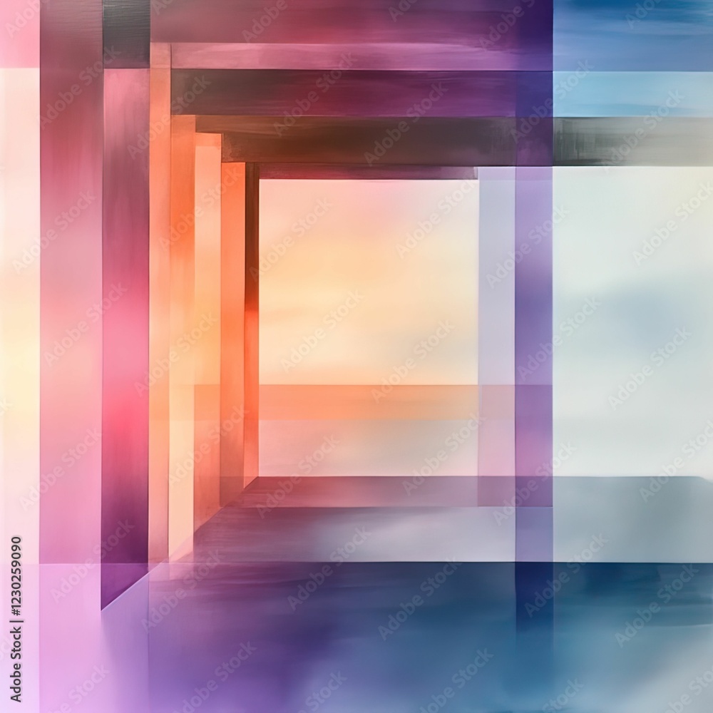 Poster a colorful abstract composition featuring layered geometric shapes and soft gradients, evoking a sen