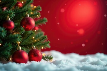 Sparkling fir branches adorned with glittering red ornaments and soft glow of festive holiday lights on a snowy red backdrop, glittering, soft