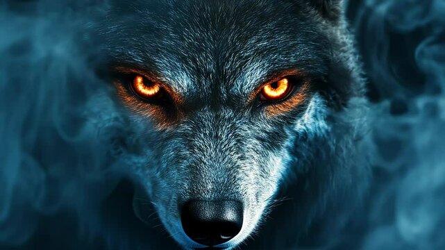 Powerful wolf with piercing orange eyes surrounded by smoky atmosphere at night