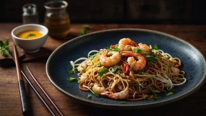 Steamy, savory noodle stir-fry with shrimp and vegetables, coated in a rich, umami-packed sauce