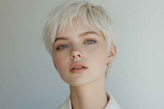 Young woman with trendy pixie cut, showcasing modern gold earrings and subtle makeup