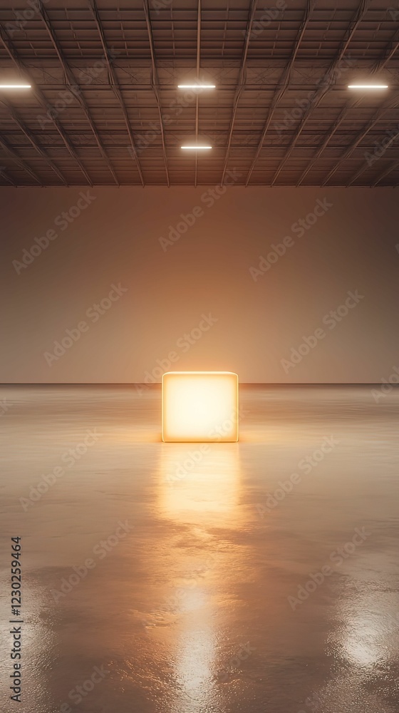 Poster a glowing cube illuminates a spacious, empty room with polished floors and a high ceiling, creating 