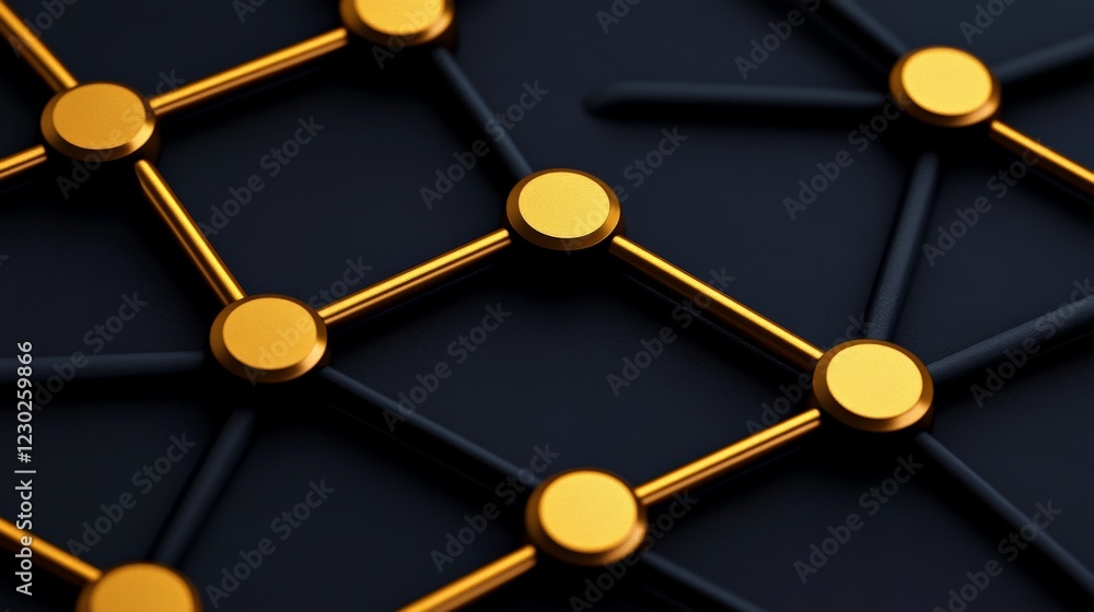 Poster golden network: abstract image of interconnected gold spheres and black lines forming a complex netw