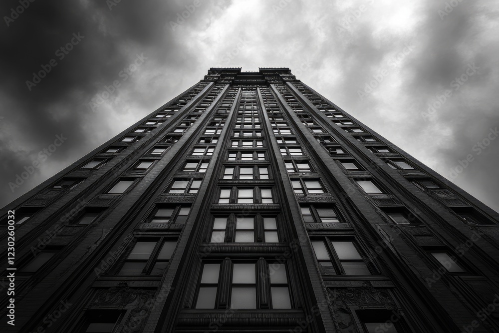 Poster low angle view of a dark imposing building rising towards a cloudy sky, creating a dramatic urban la