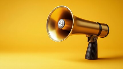 Striking Gold and Black Megaphone on Bright Yellow Background Exuding Vibrant Energy and Enthusiasm Perfect for Announcements Promotions and Public Speaking Events Captivating Visual Element