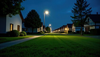 Suburban lawn with minimal streetlights and clear night sky, calm, night, dark