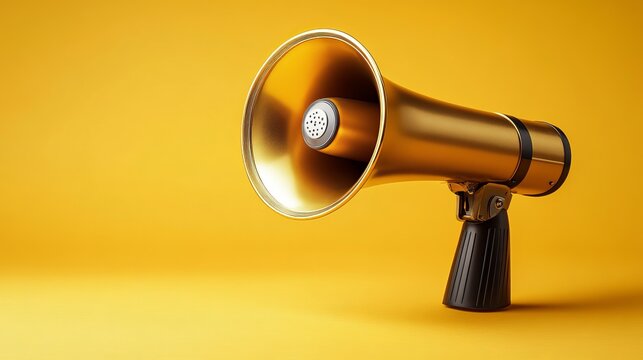 Striking Gold and Black Megaphone on Bright Yellow Background Exuding Vibrant Energy and Enthusiasm Perfect for Announcements Promotions and Public Speaking Events Captivating Visual Element