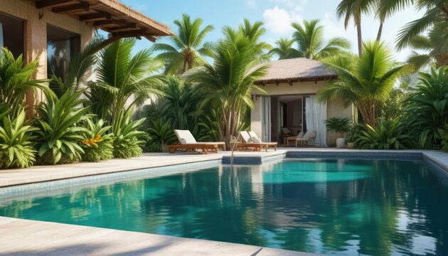 Piscine et palme dans une aquarelle de maison tropicale, tropical, arbre