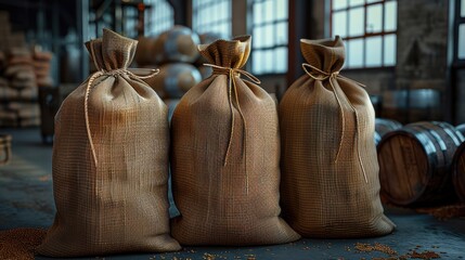 Three burlap sacks filled with grains sit in a rustic warehouse, surrounded by barrels and natural light streaming through large windows