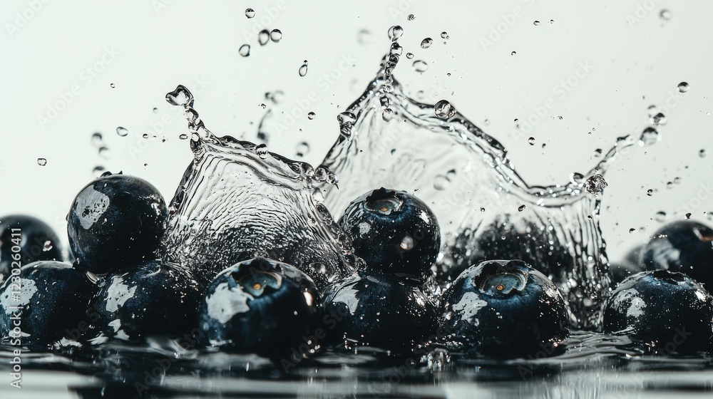 Aufkleber fresh blueberries splashing in water creating dynamic and vibrant ripples against a soft background