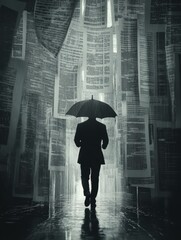 Businessman Walking Through Falling Curtains Urban Alley Artistic Photography Dimly Lit Environment Rear View Journey of Reflection
