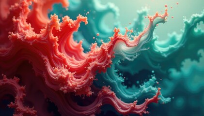 Swirling red and green colors with blue undertones in water, undertone, abstract