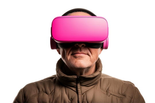 Isolated Senior Man Wearing Pink VR Headset with Focused Look - Powered by Adobe