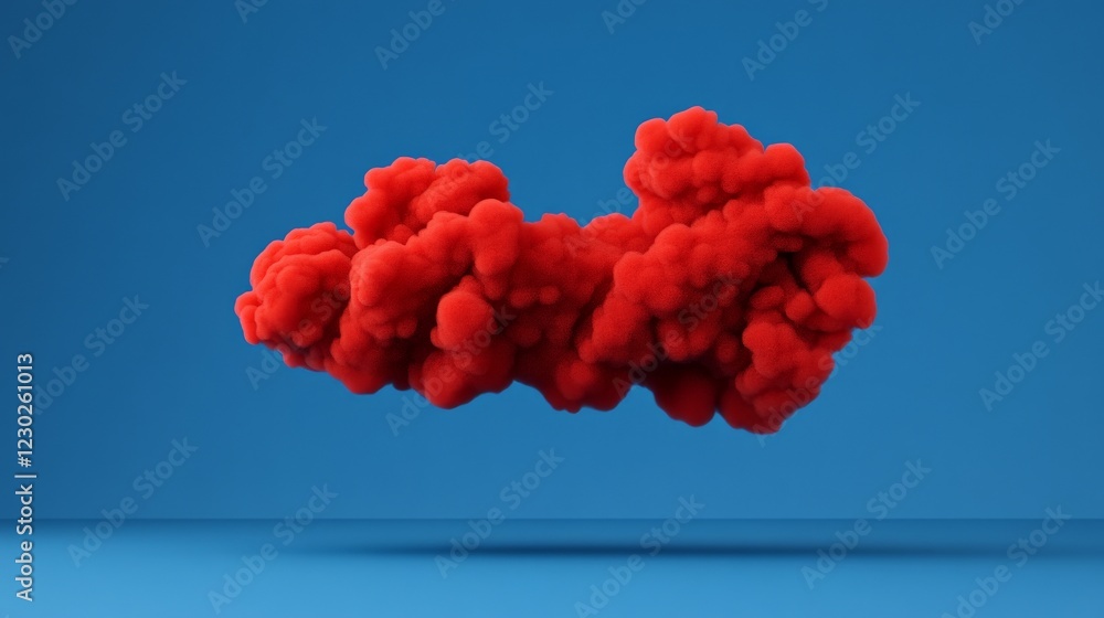 Poster red ink cloud on blue: abstract image of a vibrant red ink cloud suspended against a deep blue backd