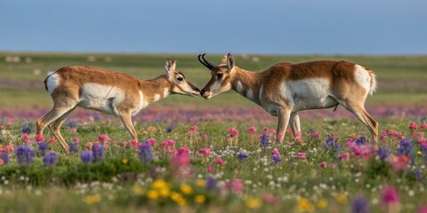 Quaggas interact with each other in a field of vibrant wildflowers, animal behavior, grasslands