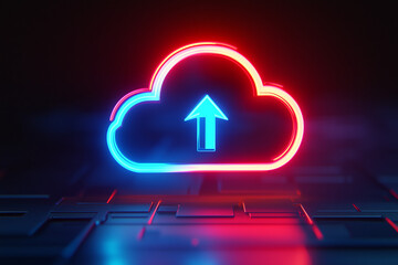 Digital cloud computing upload and download connection light neon icon symbol. Data transfer concept background.