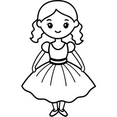 Cute Girl in Beautiful Dress Outline for Colouring