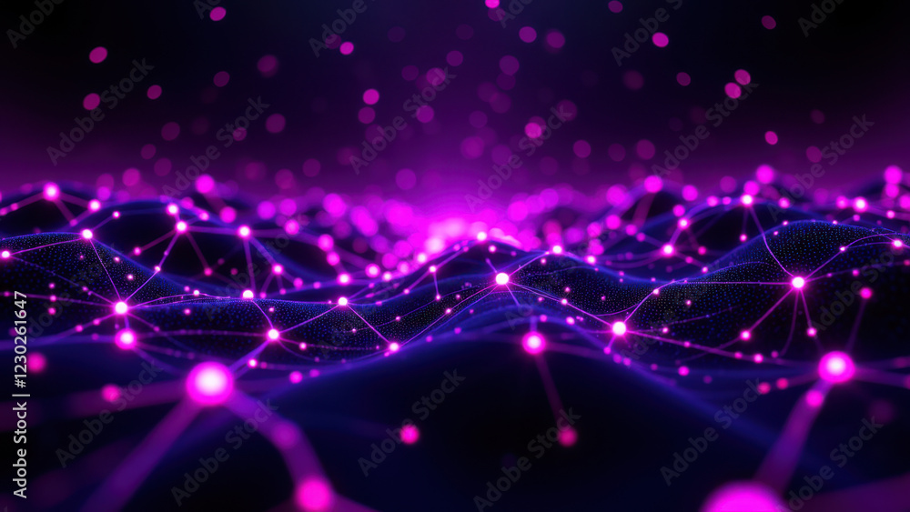 Poster A captivating digital illustration depicting a secure online network with vibrant purple hues and abstract connectivity patterns.