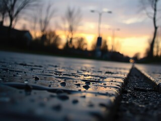 Raindrops glistening on wet pavement at dusk, water, pavement