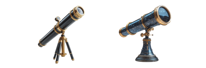 Vintage telescopes indoor setting for astrological discovery on a transparent background