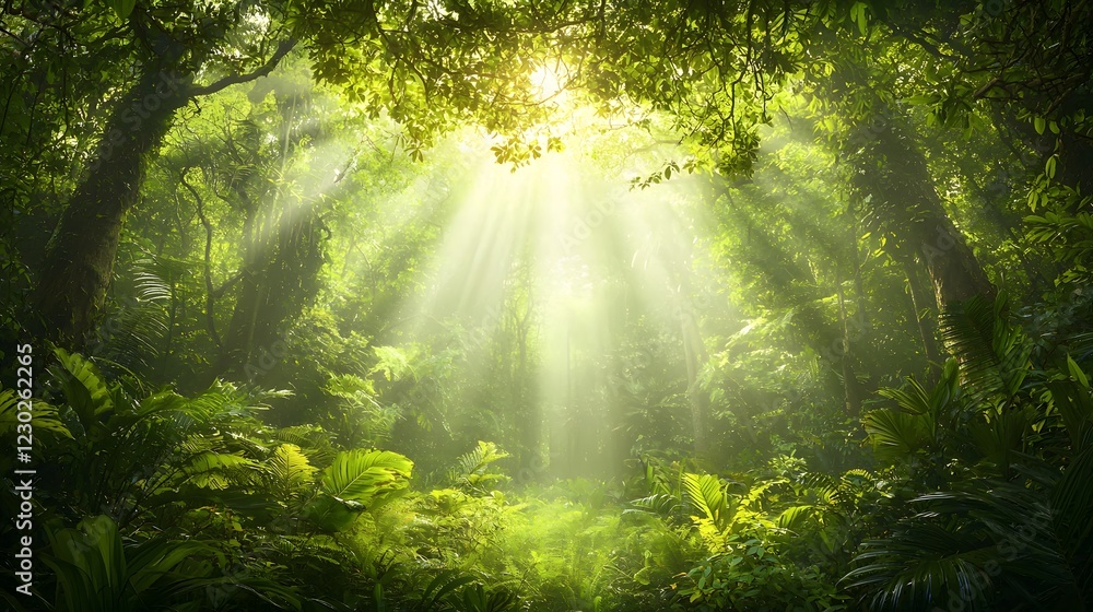 Poster sunlight streaming through the dense canopy of a lush green forest creating a magical and ethereal a