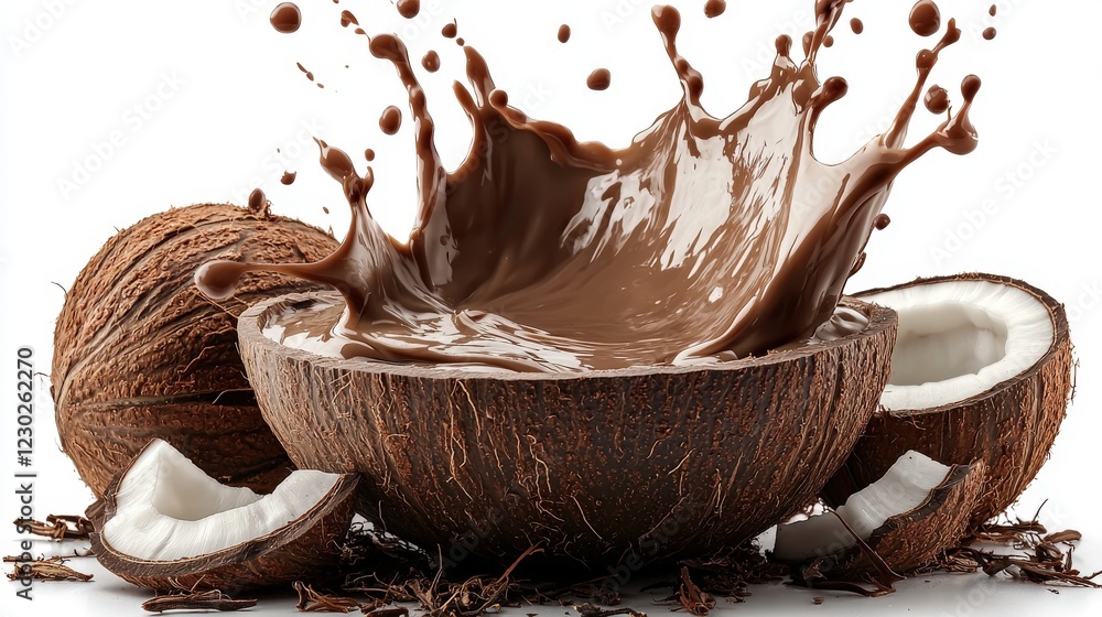 Poster fresh coconut shells filled with rich chocolate, splashing and creating a dynamic scene of indulgenc
