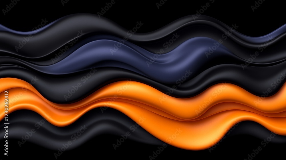 Poster abstract liquid waves: fluid, dynamic waves of black, dark blue, and amber orange intertwine against