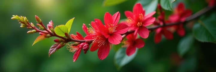 Obraz premium Red callistemo flowers on branch with foliage, callistemo, branches