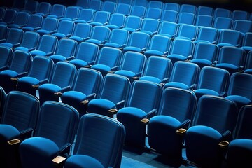 Obraz premium A vibrant view of empty theater seats in cinematic blue tones.