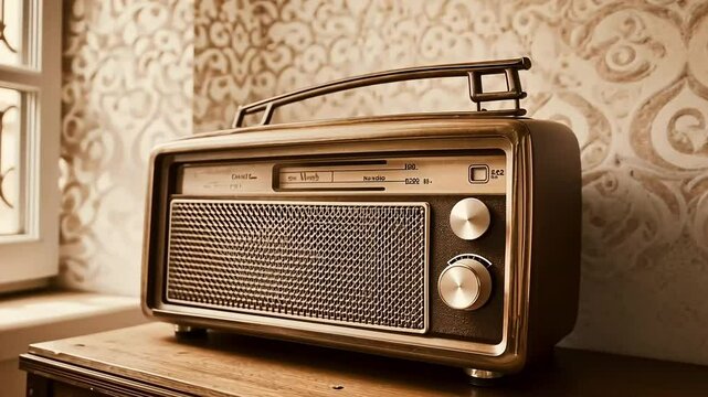 Vintage radio sits on a table by a window, broadcasting in a room with ornate wallpaper