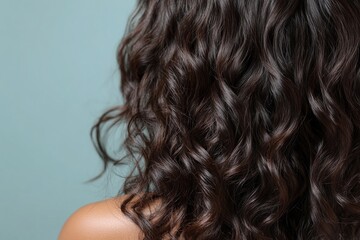 Naklejka premium Back view of a woman with long, shiny, wavy, brown hair, showcasing healthy and beautiful hair against a light blue background