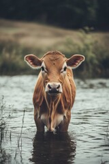 A brown cow standing in shallow water, possibly a river or stream.