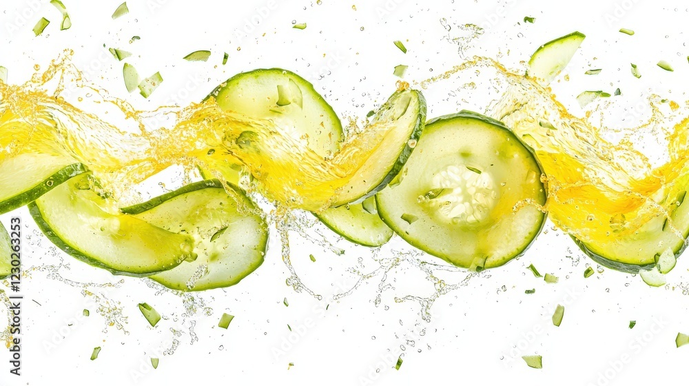 Aufkleber fresh cucumber slices splashing in refreshing citrus juice with water droplets isolated on white bac