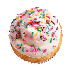 A top view of a vanilla muffin with creamy frosting and colorful sprinkles, isolated on a white background. A delightful and festive treat.