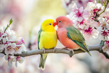 Naklejka premium 2 bird love on tree branch soft pastel background