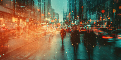Futuristic Digital Data Cityscape with Neon Lights - Cyber Technology Concept