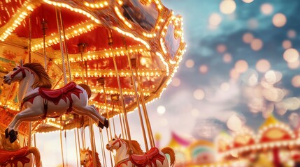 Fototapeta premium Celebrate Merry-Go-Round Day with a glowing carnival backdrop filled with vibrant lights and elegant carousel horses