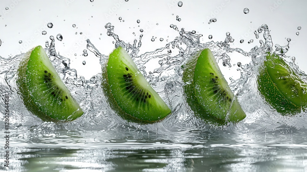 Aufkleber vibrant kiwi slices create splashing water effect in refreshing and juicy arrangement on a light bac