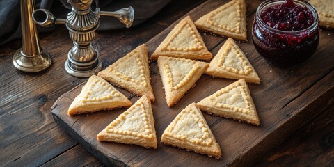 Flaky pastries with jam filling, arranged in triangular patterns for presentation.