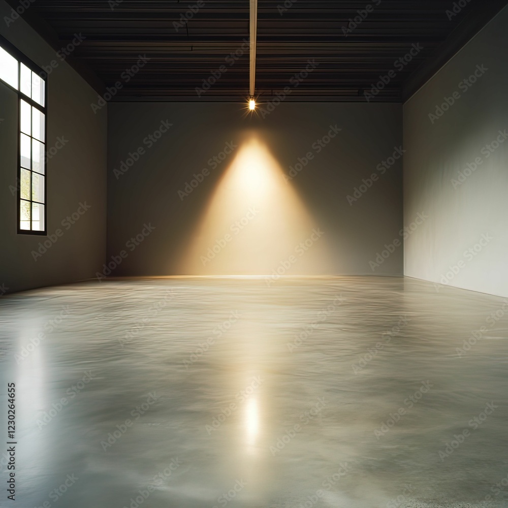 Poster a minimalist empty room with a polished concrete floor, illuminated by a single light, featuring a w